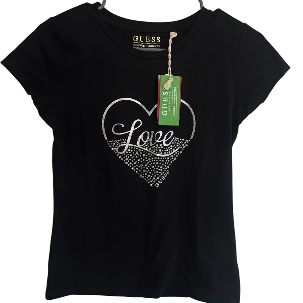 NWT / Guess Black T-Shirt with Silver Heart Design / Size S